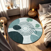 Round Abstract Botanical Rug, Teal Green Leaf & Geometric Circle Design, Modern Mid Century Scandinavian Area Rug for Living Room Home