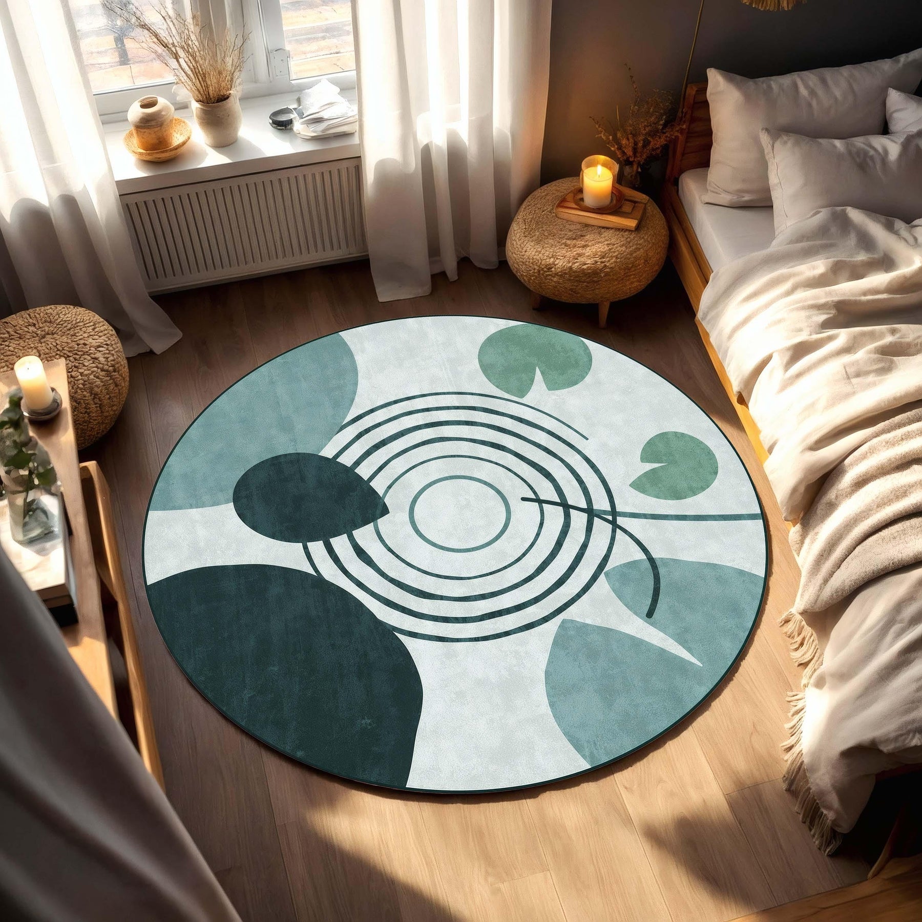 Round Abstract Botanical Rug, Teal Green Leaf & Geometric Circle Design, Modern Mid Century Scandinavian Area Rug for Living Room Home