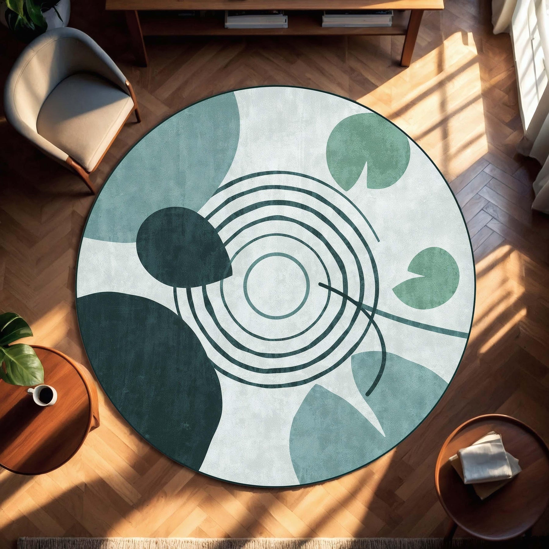 Round Abstract Botanical Rug, Teal Green Leaf & Geometric Circle Design, Modern Mid Century Scandinavian Area Rug for Living Room Home