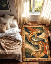 Japanese Koi Fish Area Rug, Vintage Teal Gold Boho Carpet for Living Room Bedroom, Zen Coastal Home Decor, Statement Floor Art Piece