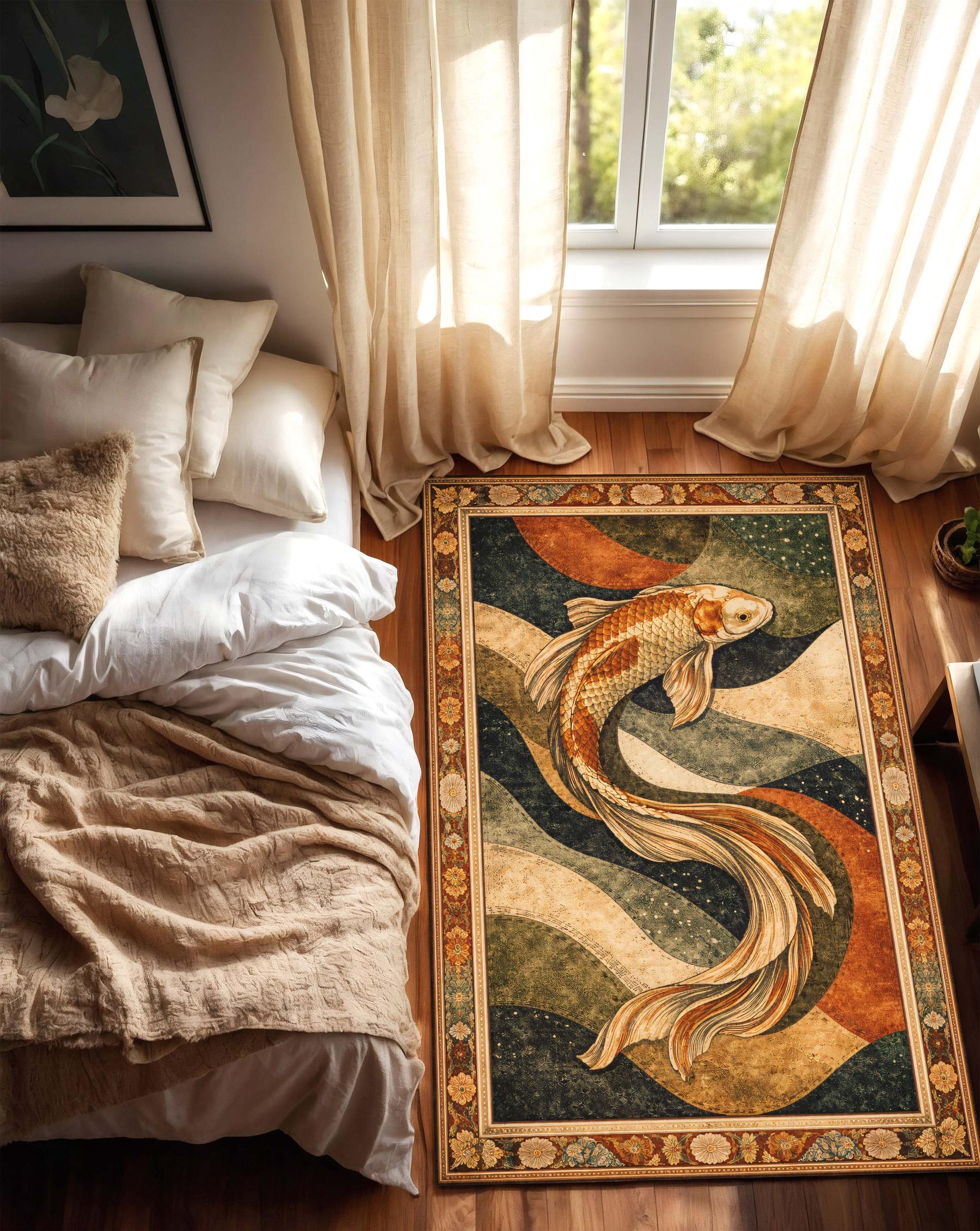Japanese Koi Fish Area Rug, Vintage Teal Gold Boho Carpet for Living Room Bedroom, Zen Coastal Home Decor, Statement Floor Art Piece