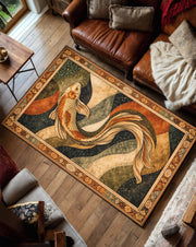 Japanese Koi Fish Area Rug, Vintage Teal Gold Boho Carpet for Living Room Bedroom, Zen Coastal Home Decor, Statement Floor Art Piece