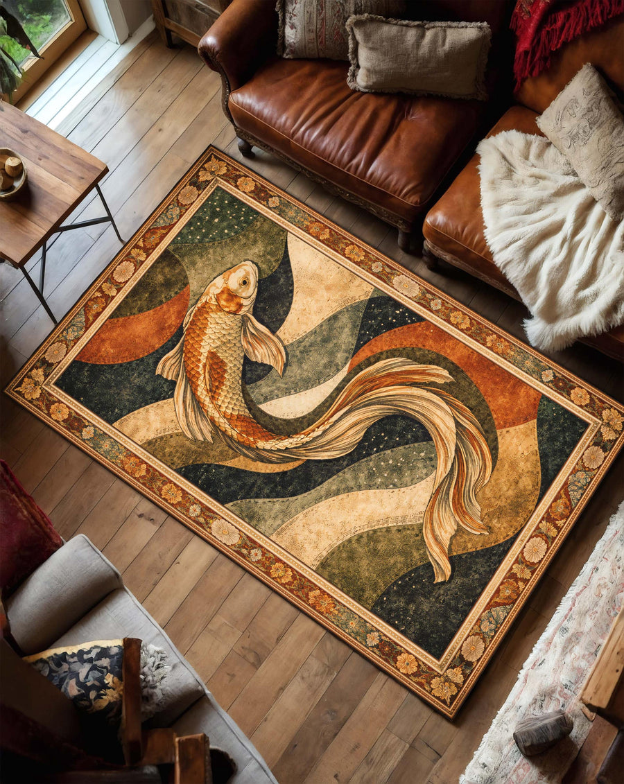 Japanese Koi Fish Area Rug, Vintage Teal Gold Boho Carpet for Living Room Bedroom, Zen Coastal Home Decor, Statement Floor Art Piece