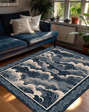 Blue Japanese Wave Area Rug, Navy Cloud Ocean Pattern Carpet, Coastal Living Room Decor, Minimalist Bedroom Floor Mat, Indoor Accent