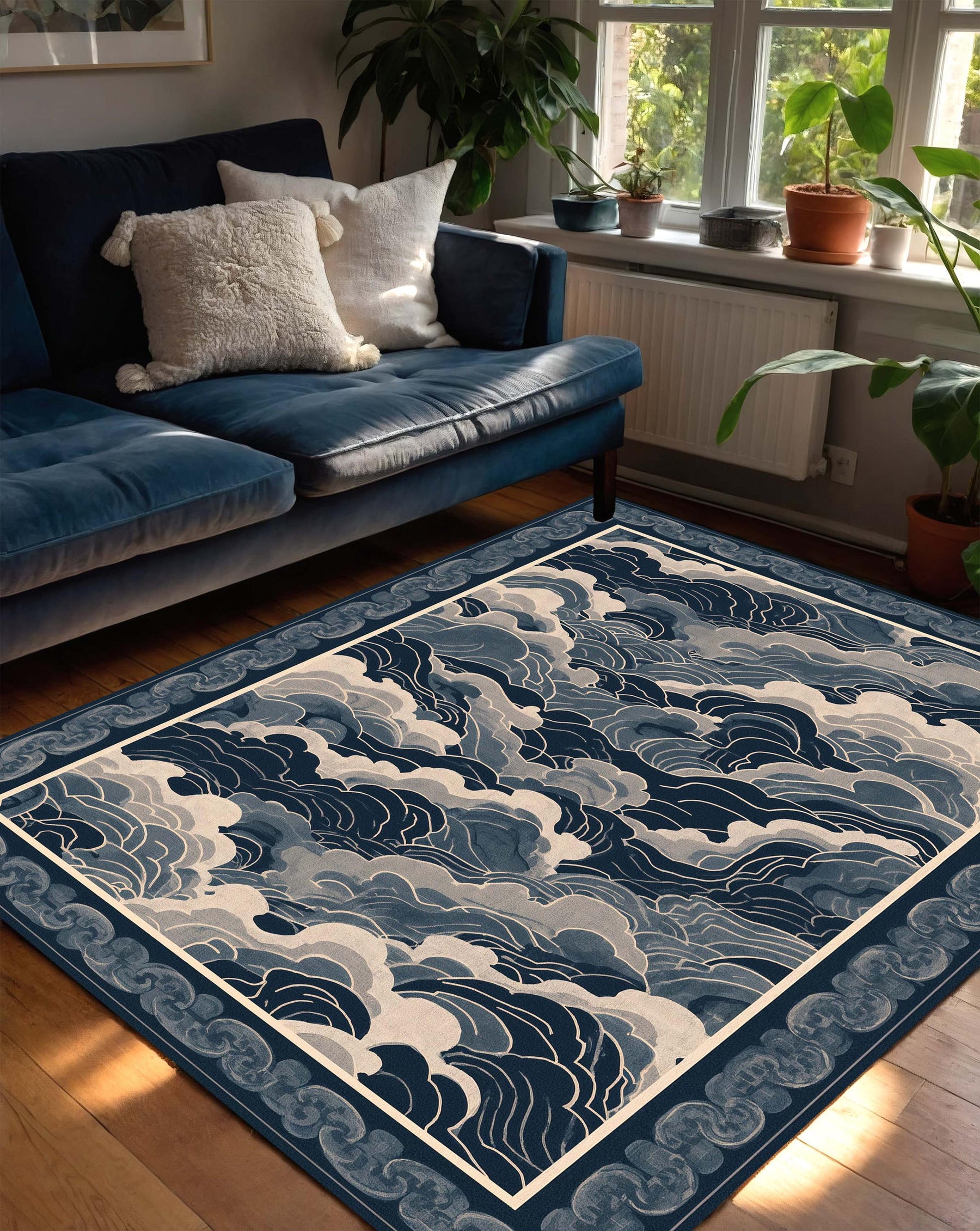 Blue Japanese Wave Area Rug, Navy Cloud Ocean Pattern Carpet, Coastal Living Room Decor, Minimalist Bedroom Floor Mat, Indoor Accent