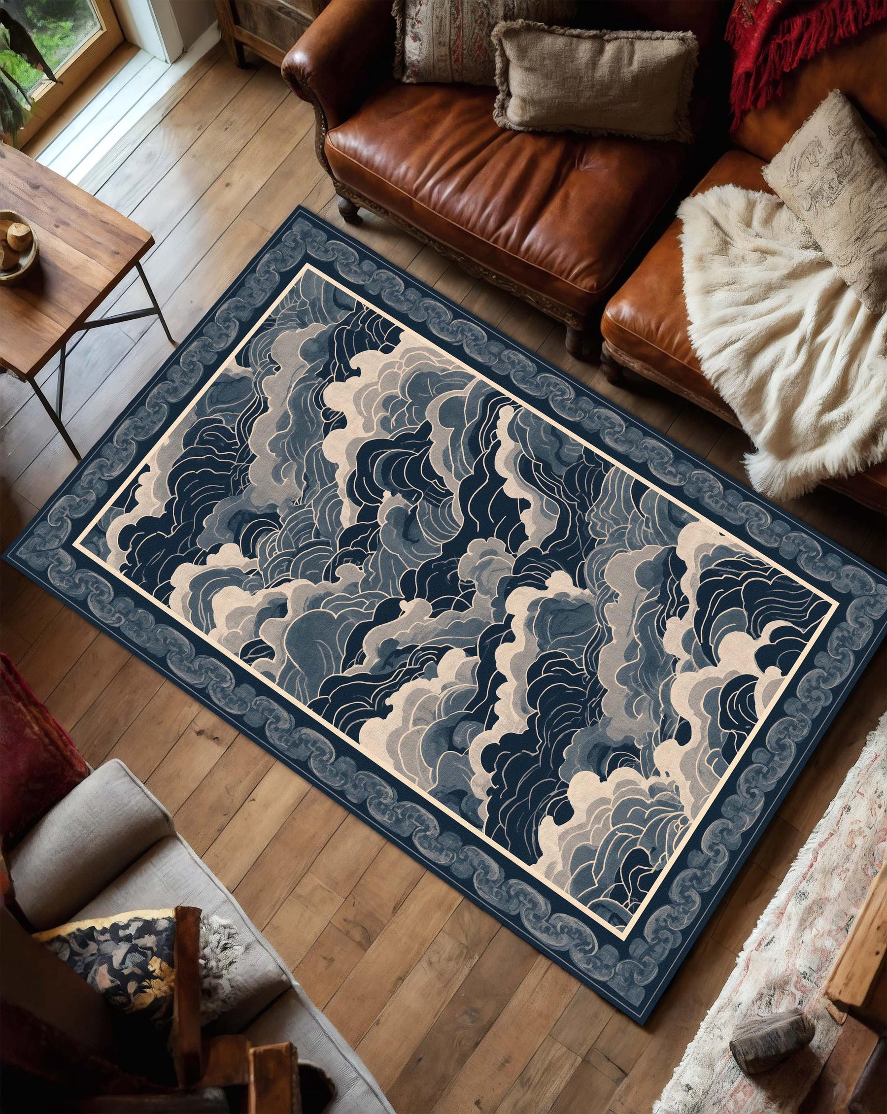 Blue Japanese Wave Area Rug, Navy Cloud Ocean Pattern Carpet, Coastal Living Room Decor, Minimalist Bedroom Floor Mat, Indoor Accent