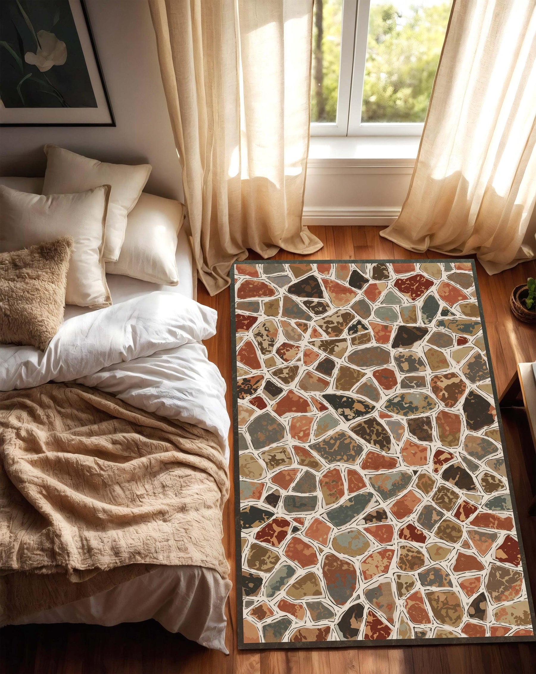 Terrazzo Mosaic Area Rug, Earthy Boho Stone Pattern Carpet, Mid Century Modern Living Room Runner, Non Slip Floor Mat Decor Soft Low Pile
