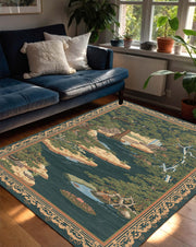 Vintage Scenic Landscape Area Rug, Teal Green Chinoiserie Garden River Carpet, Traditional Statement Rug for Living Room Home Decor