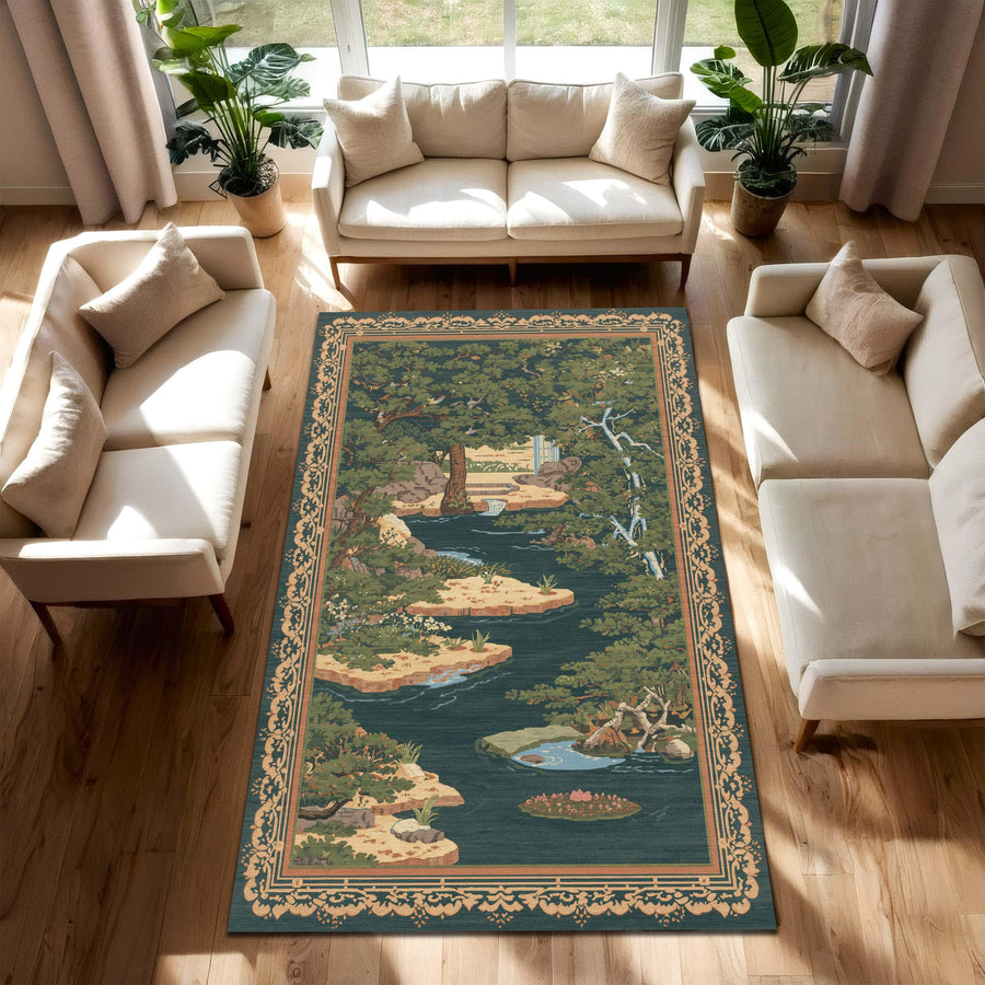 Vintage Scenic Landscape Area Rug, Teal Green Chinoiserie Garden River Carpet, Traditional Statement Rug for Living Room Home Decor