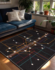 Modern Abstract Metro Map Rug, Black Circuit Line Area Carpet, Colorful Geometric Floor Mat for Living Room Office Dorm Decor Home