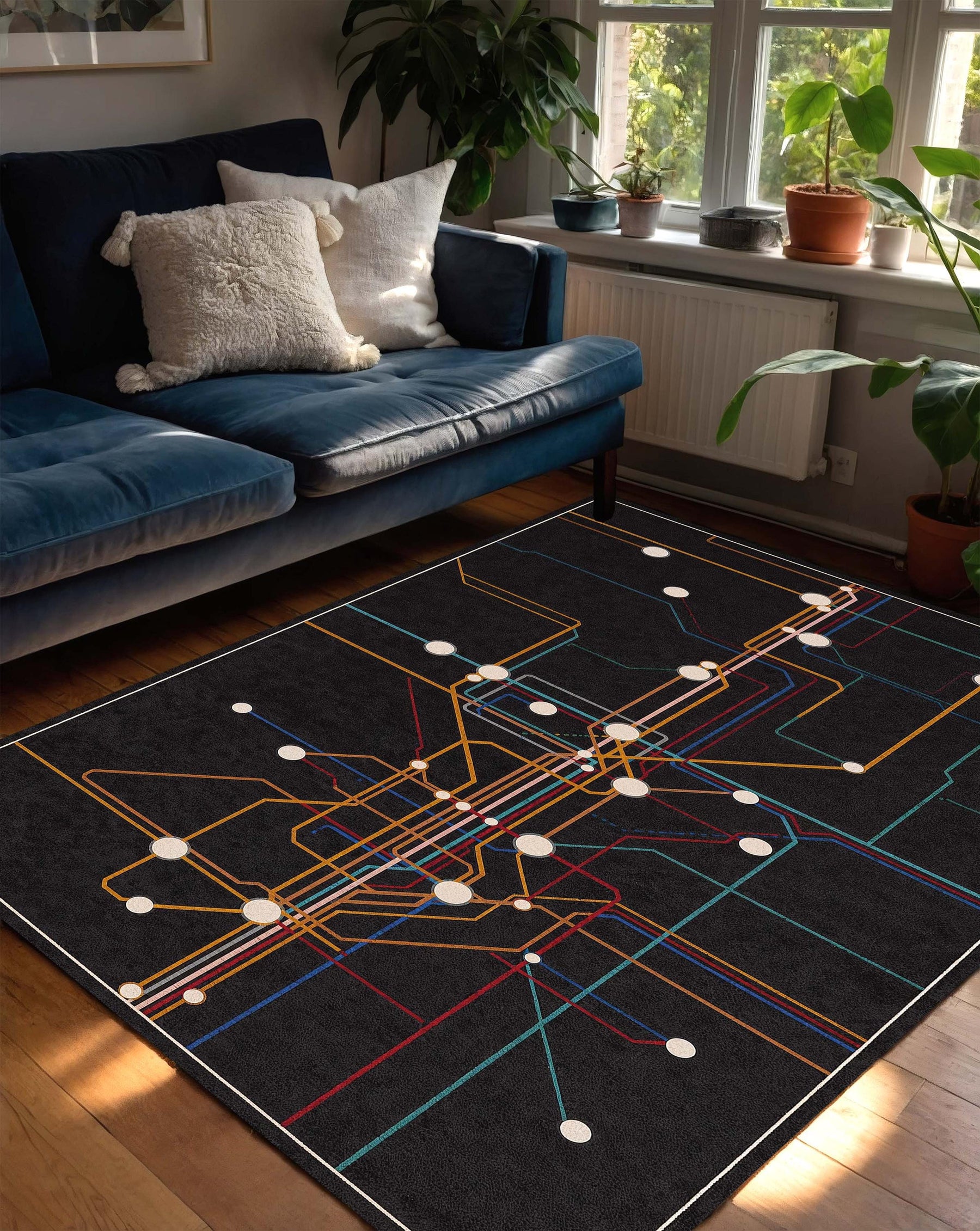 Modern Abstract Metro Map Rug, Black Circuit Line Area Carpet, Colorful Geometric Floor Mat for Living Room Office Dorm Decor Home