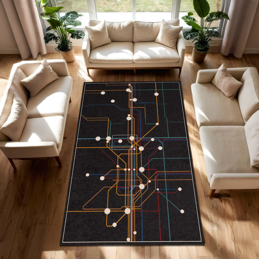Modern Abstract Metro Map Rug, Black Circuit Line Area Carpet, Colorful Geometric Floor Mat for Living Room Office Dorm Decor Home