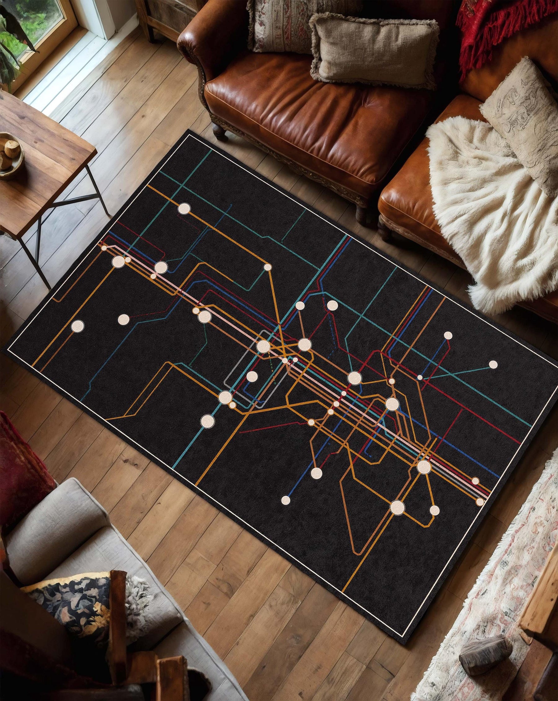 Modern Abstract Metro Map Rug, Black Circuit Line Area Carpet, Colorful Geometric Floor Mat for Living Room Office Dorm Decor Home