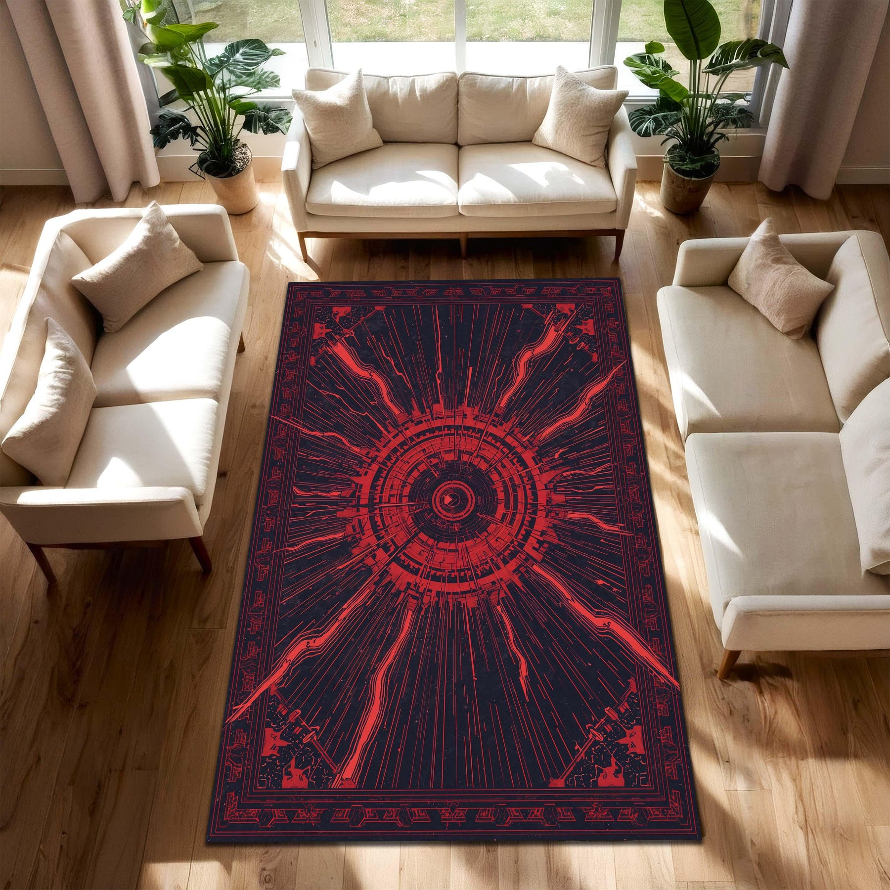 Cyberpunk Red Navy Area Rug, Futuristic Sci-Fi Circuit Burst Carpet, Abstract Geometric Floor Mat for Gamer Room, Modern Living Room Decor
