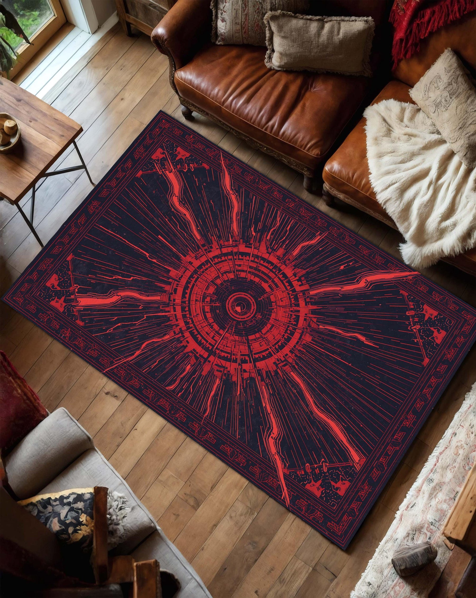 Cyberpunk Red Navy Area Rug, Futuristic Sci-Fi Circuit Burst Carpet, Abstract Geometric Floor Mat for Gamer Room, Modern Living Room Decor