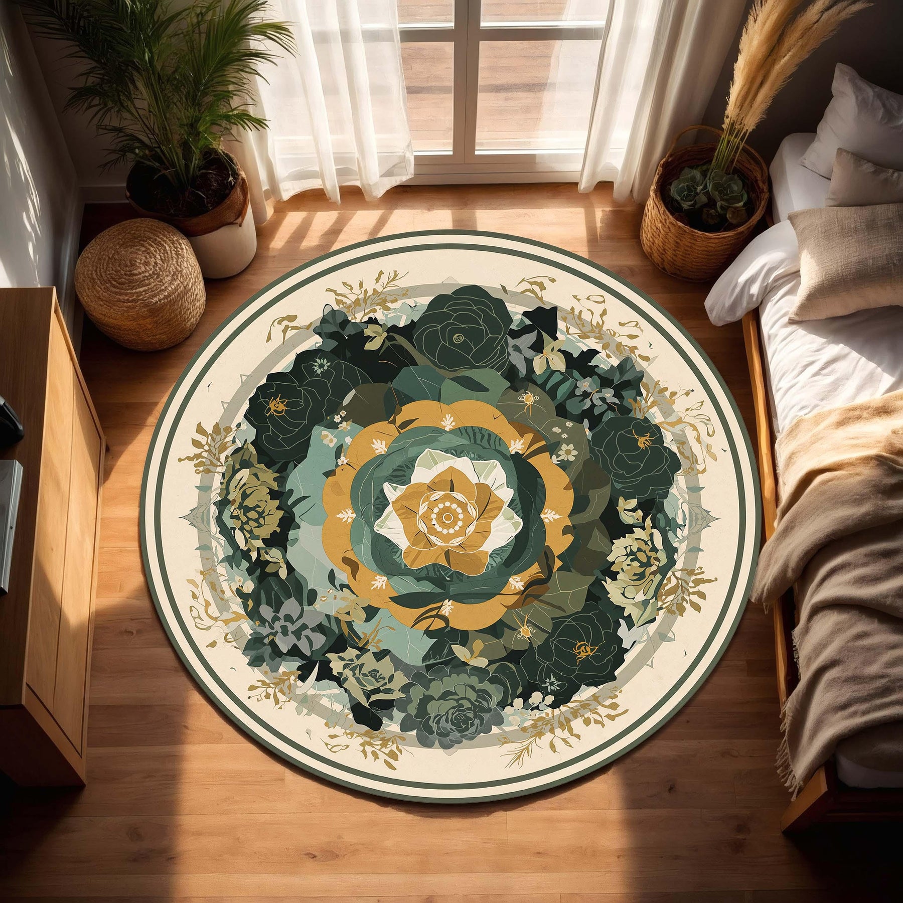 Green & Gold Floral Mandala Round Rug, Botanical Boho Area Rug for Living Room, Bedroom Decor, Garden Circle Carpet, Housewarming Gift