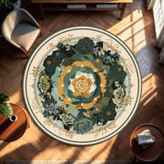 Green & Gold Floral Mandala Round Rug, Botanical Boho Area Rug for Living Room, Bedroom Decor, Garden Circle Carpet, Housewarming Gift