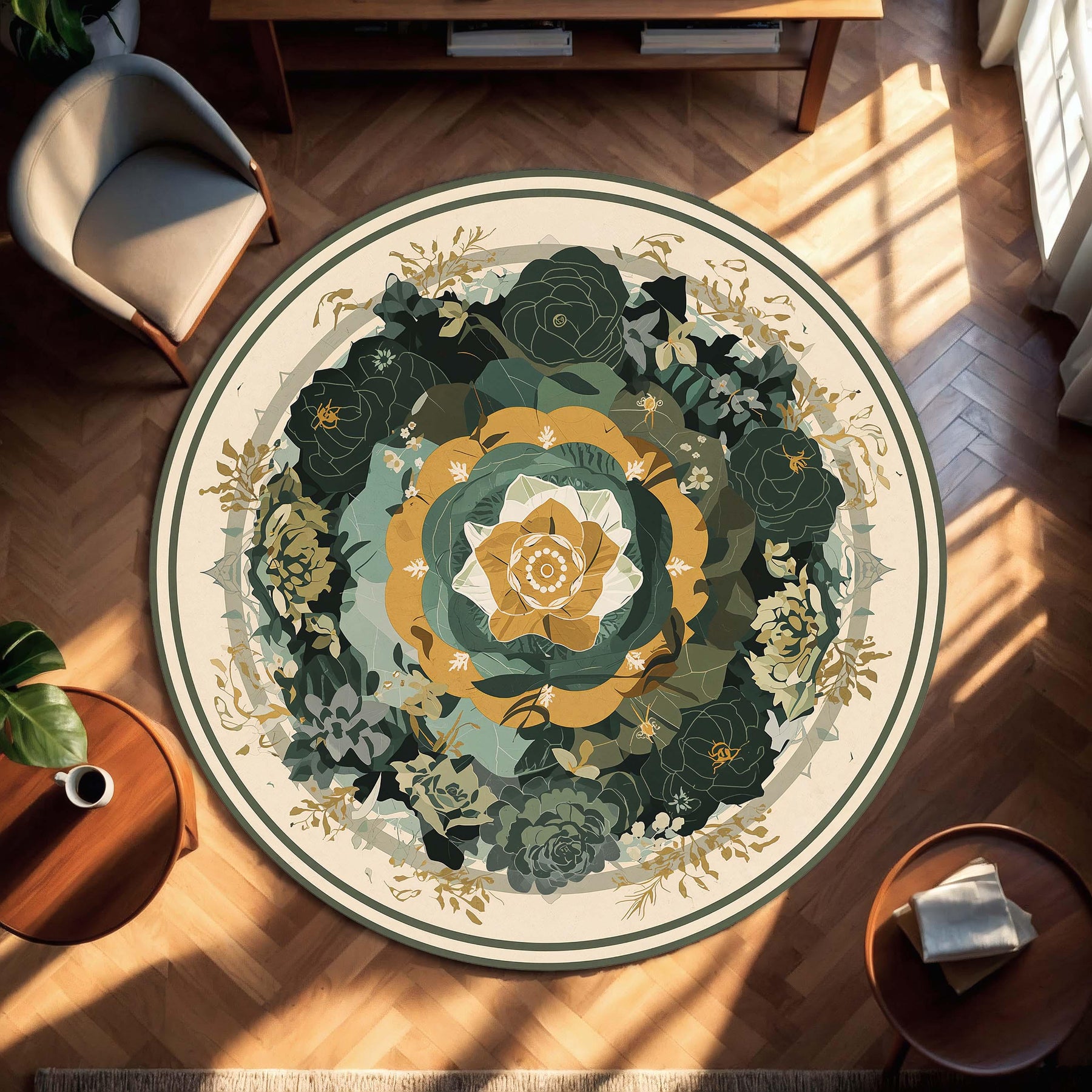 Green & Gold Floral Mandala Round Rug, Botanical Boho Area Rug for Living Room, Bedroom Decor, Garden Circle Carpet, Housewarming Gift