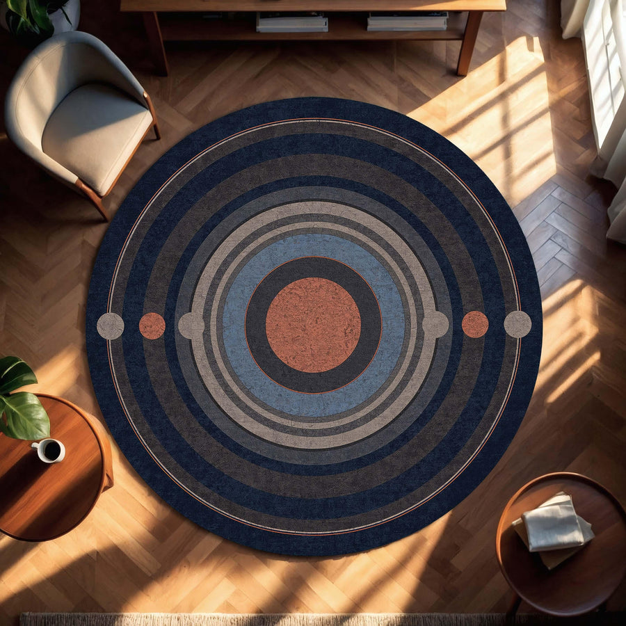 Round Geometric Area Rug, Modern Concentric Circles Design in Navy Blue Gray & Terracotta, Mid Century Living Room Decor Floor Rug