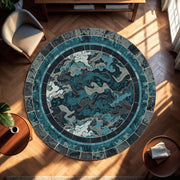 Teal Blue Abstract Round Rug, Modern Marble Swirl Circle Area Carpet, Navy Grey Floor Mat for Living Room, Bedroom, Office Boho Decor
