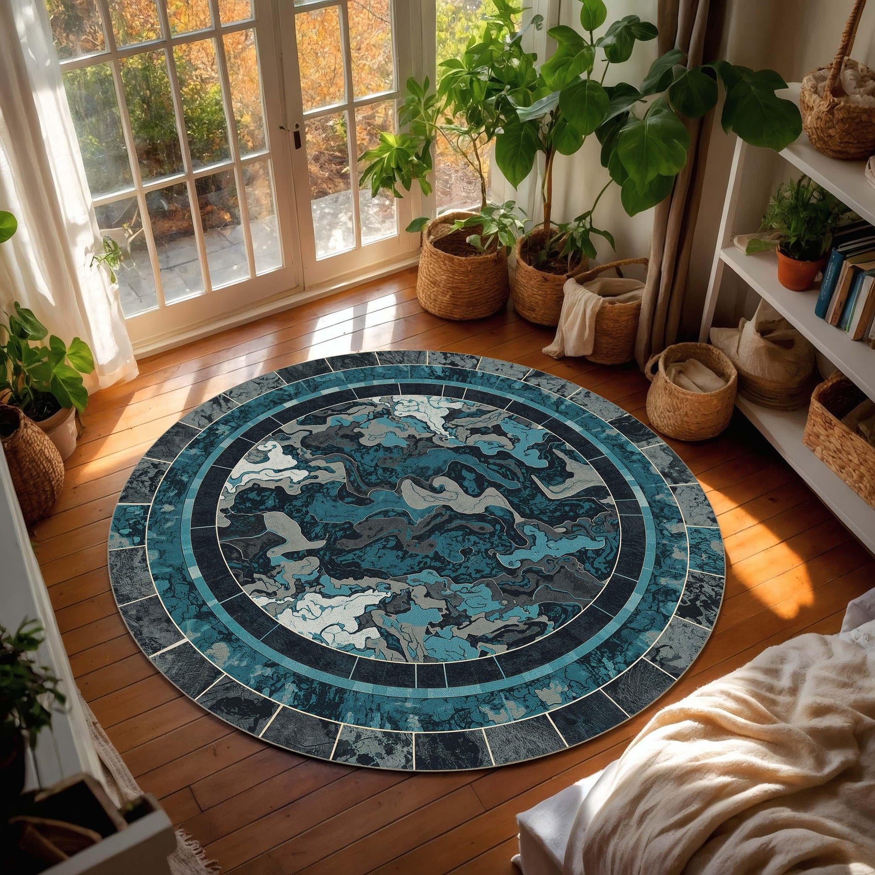 Teal Blue Abstract Round Rug, Modern Marble Swirl Circle Area Carpet, Navy Grey Floor Mat for Living Room, Bedroom, Office Boho Decor