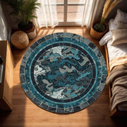 Teal Blue Abstract Round Rug, Modern Marble Swirl Circle Area Carpet, Navy Grey Floor Mat for Living Room, Bedroom, Office Boho Decor
