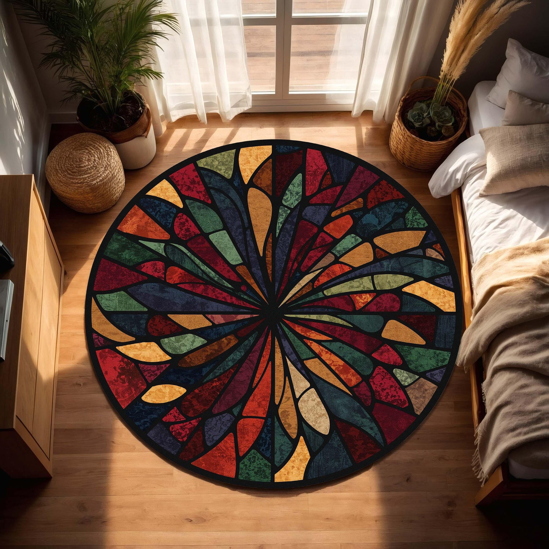 Round Stained Glass Style Area Rug, Colorful Mosaic Mandala Carpet, Boho Living Room Decor, Modern Abstract Floor Mat, Housewarming Gift