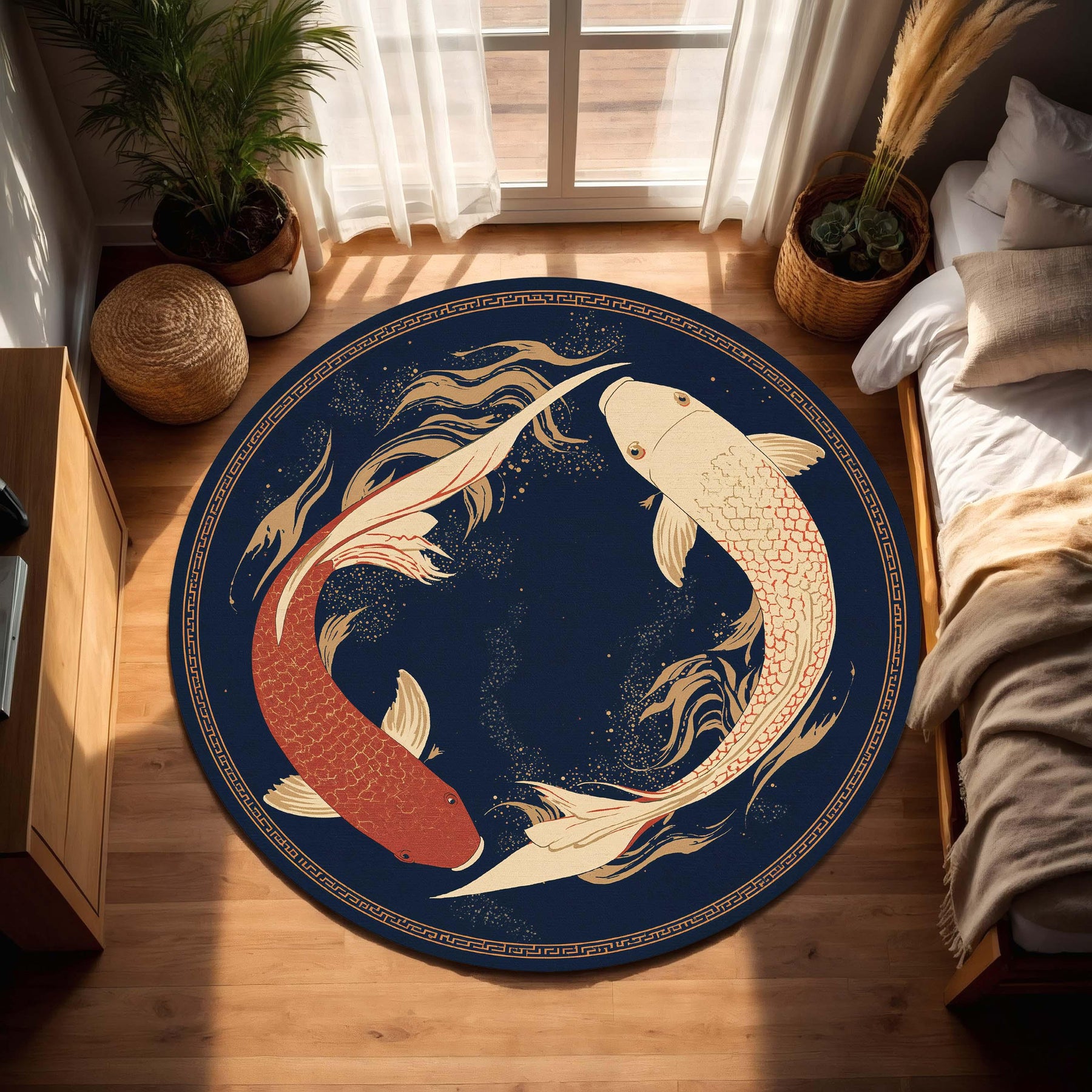 Koi Fish Yin Yang Round Rug, Navy Blue & Gold Japanese Inspired Carpet, Zen Meditation Decor, Non Slip Area Rug for Living Room Bedroom