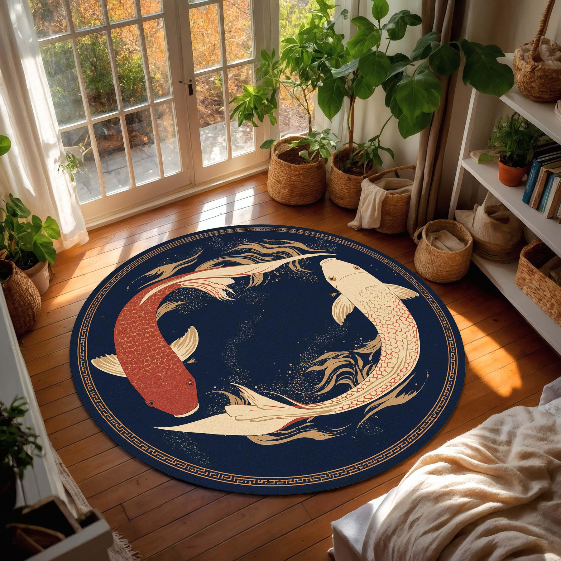 Koi Fish Yin Yang Round Rug, Navy Blue & Gold Japanese Inspired Carpet, Zen Meditation Decor, Non Slip Area Rug for Living Room Bedroom