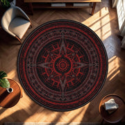 Gothic Compass Rose Round Rug, Red Black Occult Mandala Floor Mat, Witchy Home Decor, Dark Academia Circle Carpet for Living Room Gift