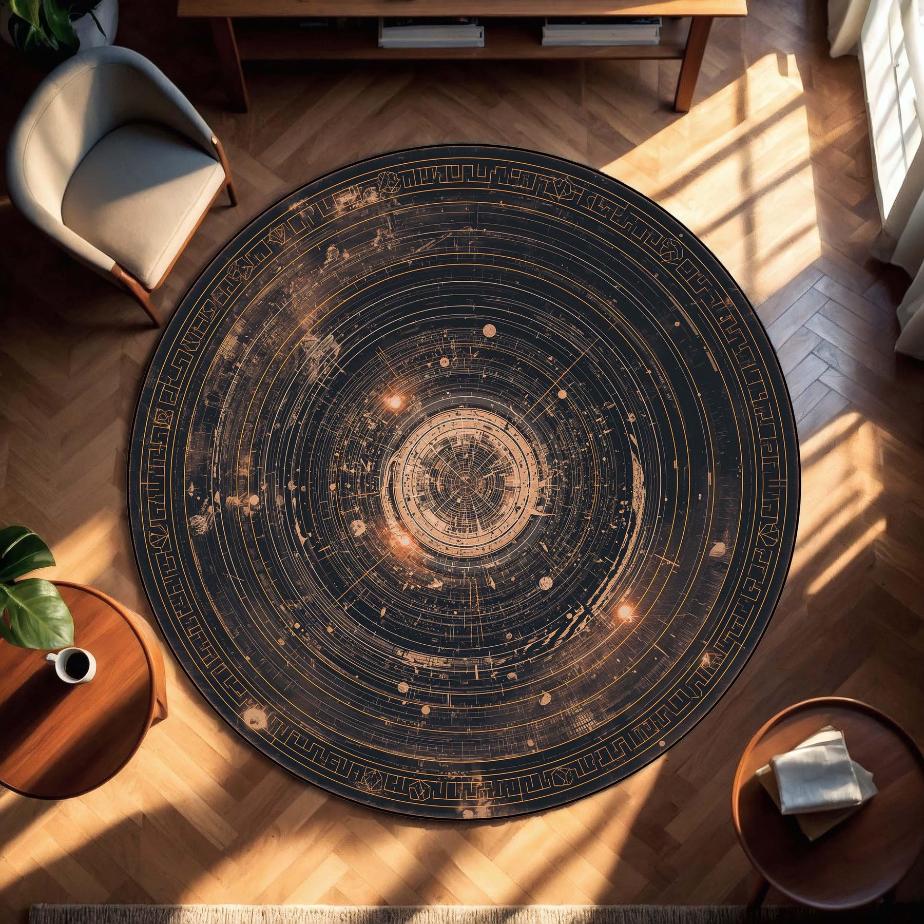 Celestial Star Map Round Rug, Navy & Gold Galaxy Floor Mat, Astrology Astrolabe Carpet, Modern Boho Living Room Area Decor Gift Housewarming