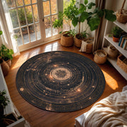 Celestial Star Map Round Rug, Navy & Gold Galaxy Floor Mat, Astrology Astrolabe Carpet, Modern Boho Living Room Area Decor Gift Housewarming