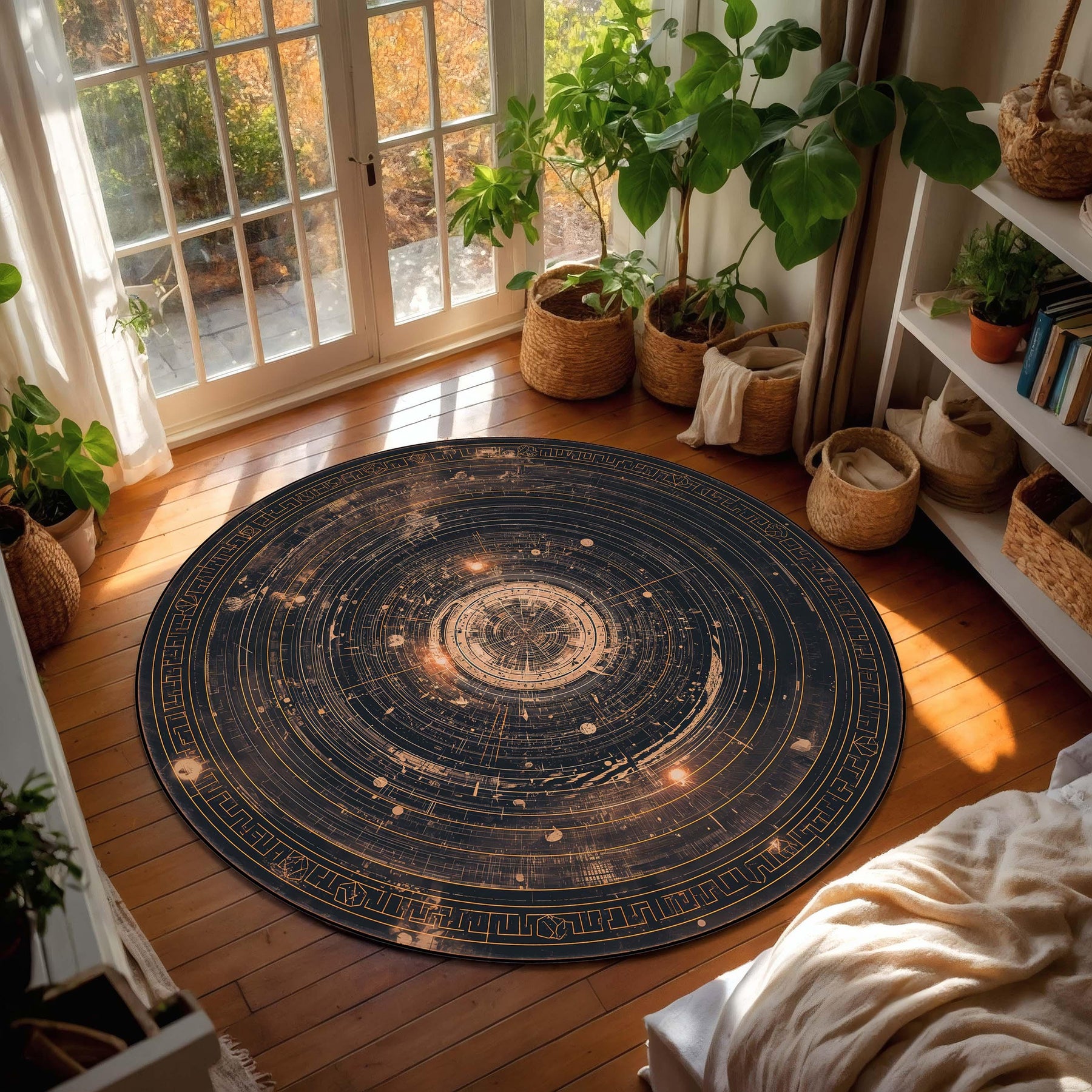 Celestial Star Map Round Rug, Navy & Gold Galaxy Floor Mat, Astrology Astrolabe Carpet, Modern Boho Living Room Area Decor Gift Housewarming