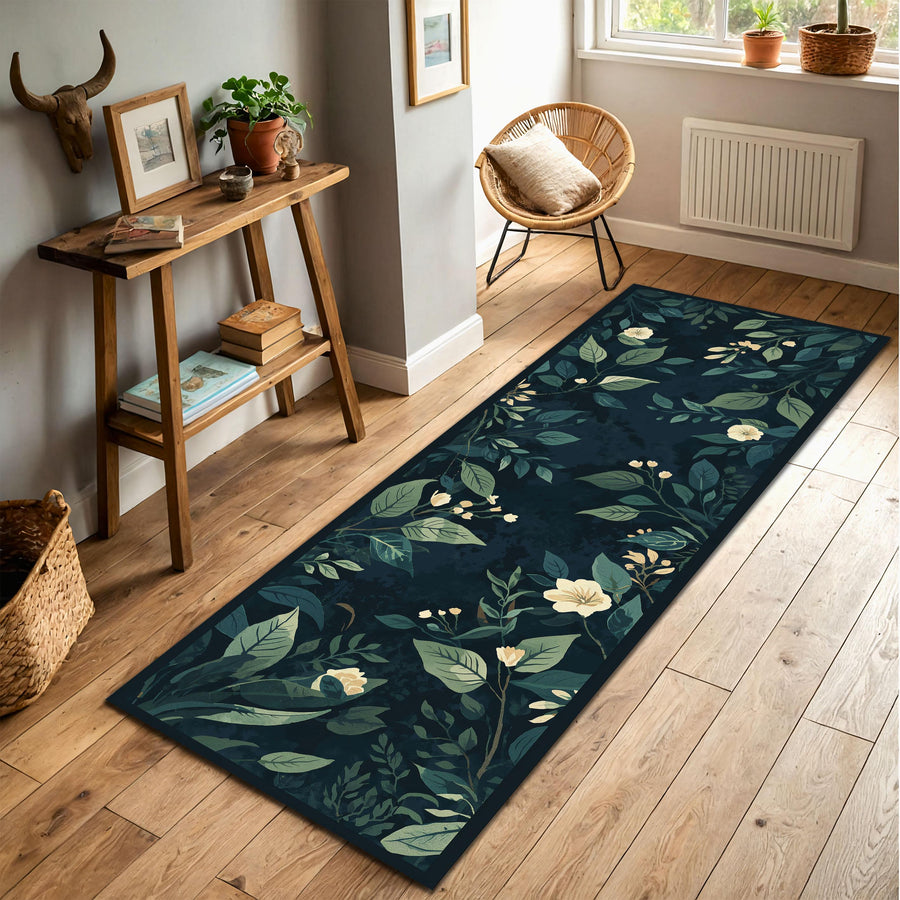 Navy Botanical Runner Rug, Dark Floral Hallway Carpet, Vintage Leaf Pattern Kitchen Mat, Modern Boho Entryway Floor Decor, Non Slip
