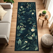 Navy Botanical Runner Rug, Dark Floral Hallway Carpet, Vintage Leaf Pattern Kitchen Mat, Modern Boho Entryway Floor Decor, Non Slip