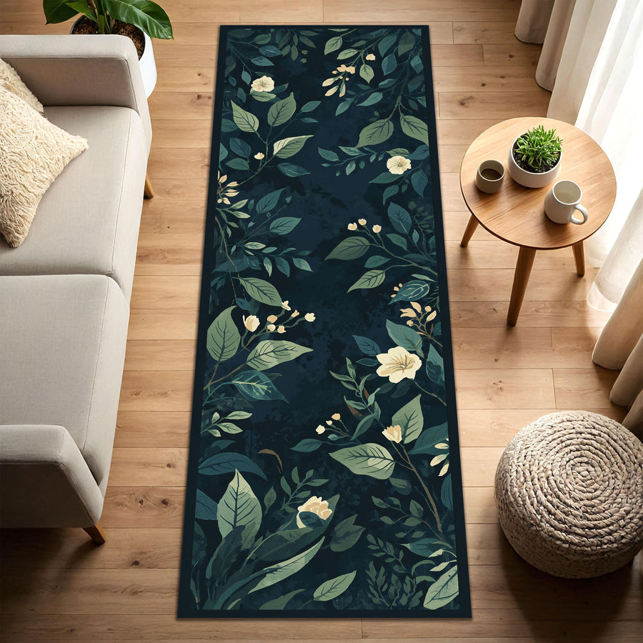 Navy Botanical Runner Rug, Dark Floral Hallway Carpet, Vintage Leaf Pattern Kitchen Mat, Modern Boho Entryway Floor Decor, Non Slip