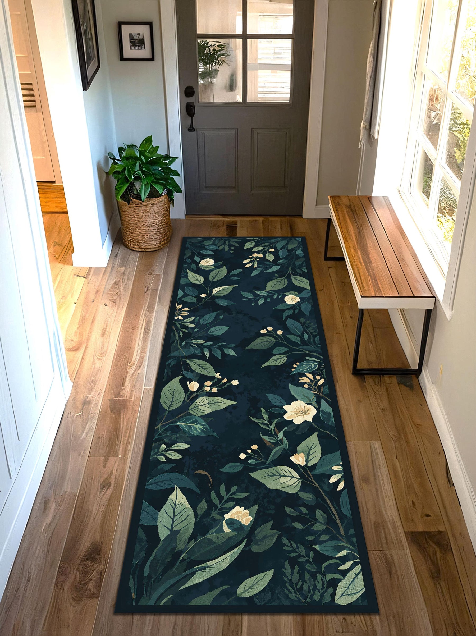 Navy Botanical Runner Rug, Dark Floral Hallway Carpet, Vintage Leaf Pattern Kitchen Mat, Modern Boho Entryway Floor Decor, Non Slip