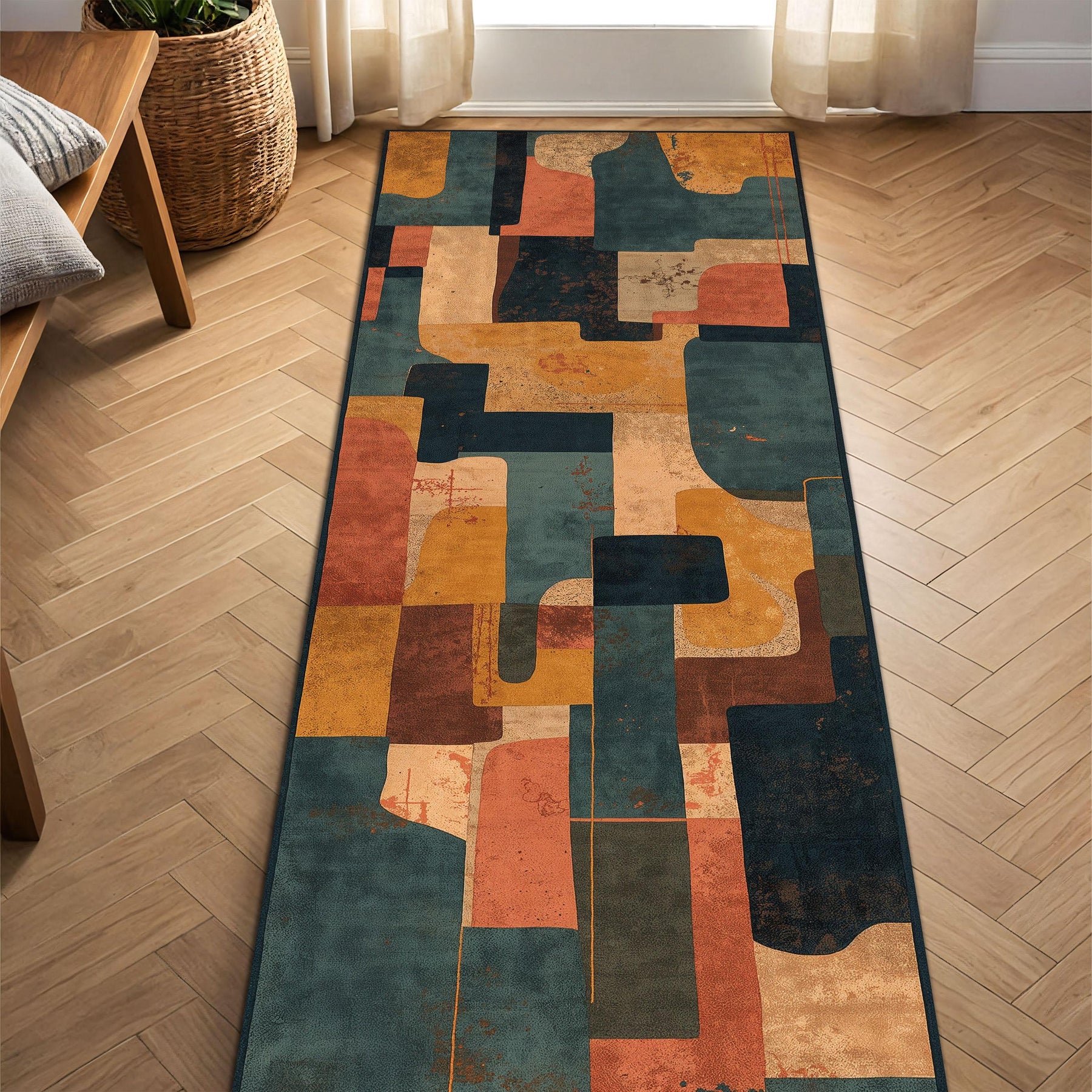 Abstract Geometric Runner Rug, Mid Century Modern Hallway Carpet, Teal Terracotta Mustard Patchwork Long Runner, Kitchen Entryway Decor