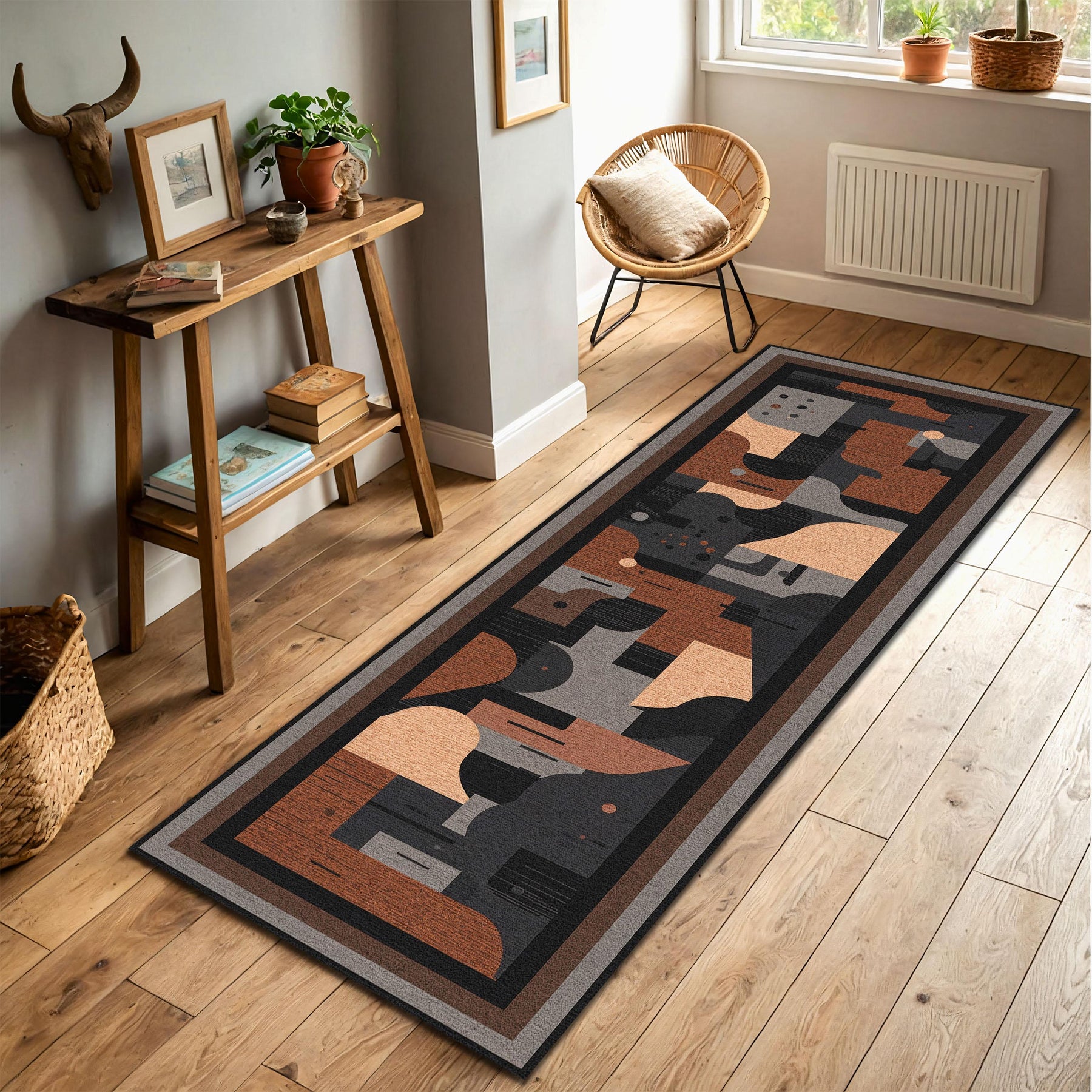 Abstract Geometric Runner Rug, Mid Century Modern Earth Tone Hallway Carpet, Boho Entryway Kitchen Runner, Minimalist Home Decor Floor Art