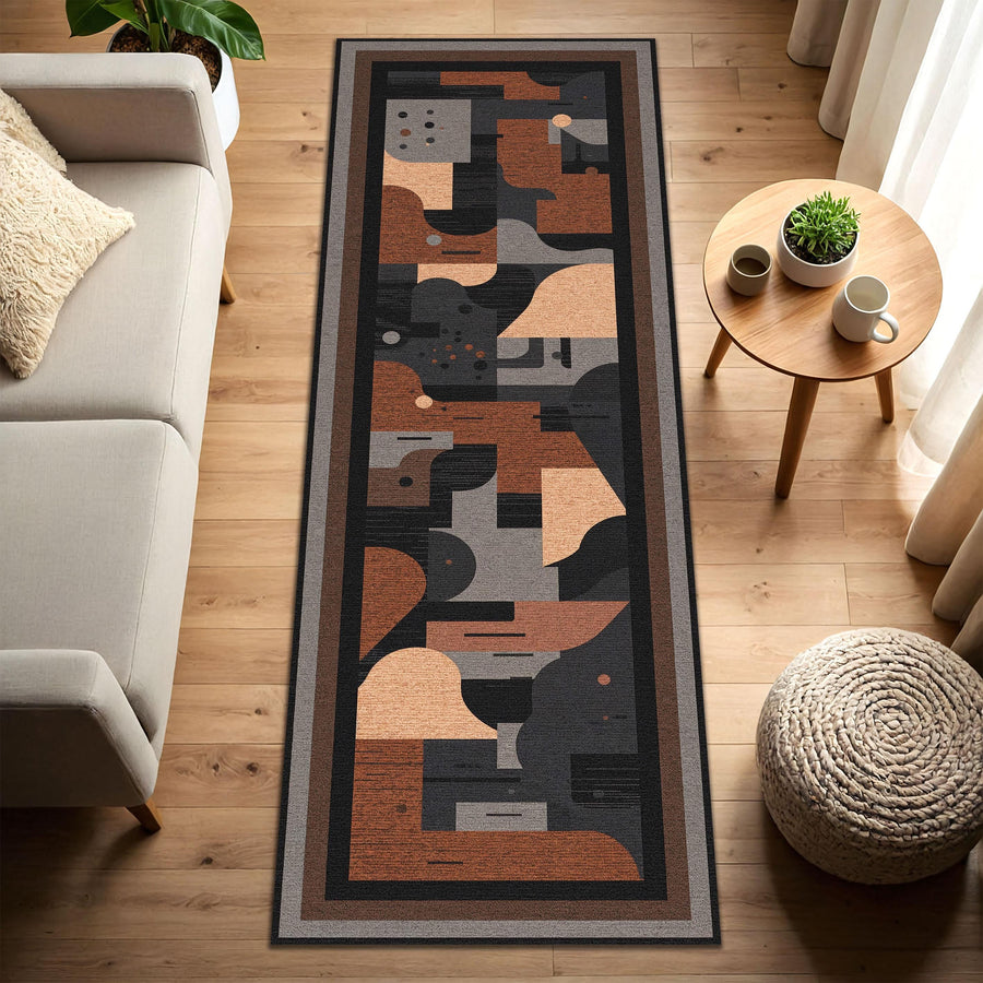Abstract Geometric Runner Rug, Mid Century Modern Earth Tone Hallway Carpet, Boho Entryway Kitchen Runner, Minimalist Home Decor Floor Art