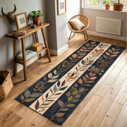 Botanical Leaf Runner Rug, Navy Beige Autumn Floral Carpet for Hallway Entryway Kitchen, Modern Scandinavian Long Runner Decor Home