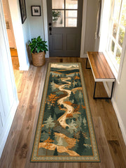 Mountain Trail Runner Rug, Scenic Forest Landscape Hallway Carpet, Vintage Nature Path Rug, Autumn Cabin Entryway Decor, Long Runner