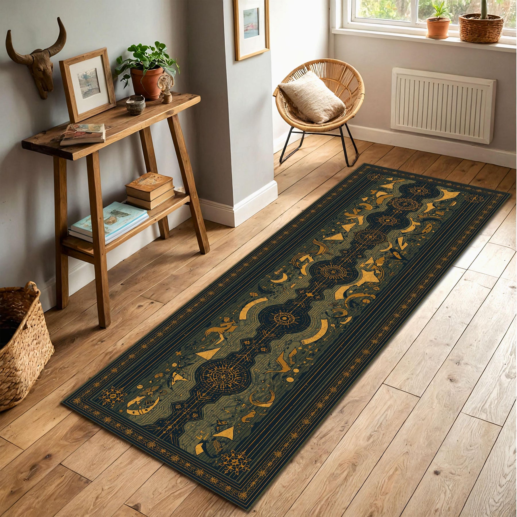 Navy Gold Celestial Runner Rug, Geometric Mystic Tarot Style Hallway Carpet, Boho Entryway Kitchen Runner, Modern Vintage Decor Home Gift