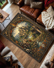 Medieval Castle Tapestry Area Rug, Fantasy Knight & Royal Scene Floor Carpet, Gothic Living Room Decor, Cottagecore Gift, Castclecore Gift
