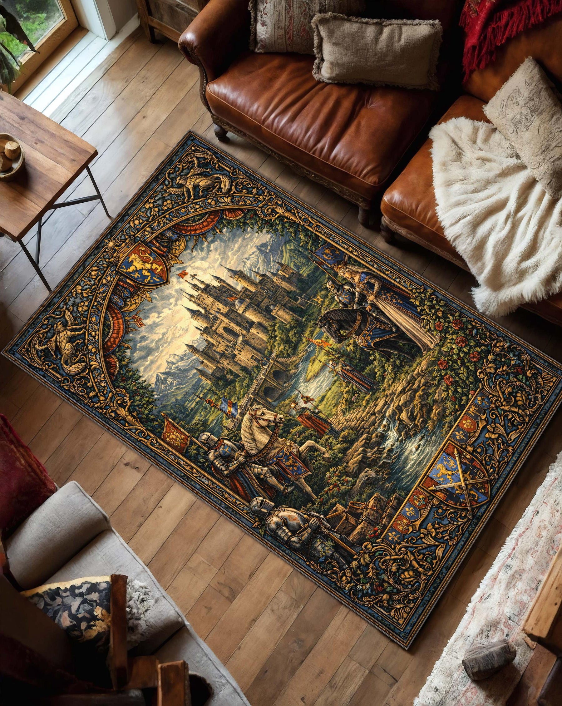 Medieval Castle Tapestry Area Rug, Fantasy Knight & Royal Scene Floor Carpet, Gothic Living Room Decor, Cottagecore Gift, Castclecore Gift