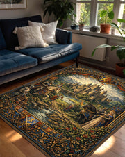 Medieval Castle Tapestry Area Rug, Fantasy Knight & Royal Scene Floor Carpet, Gothic Living Room Decor, Cottagecore Gift, Castclecore Gift