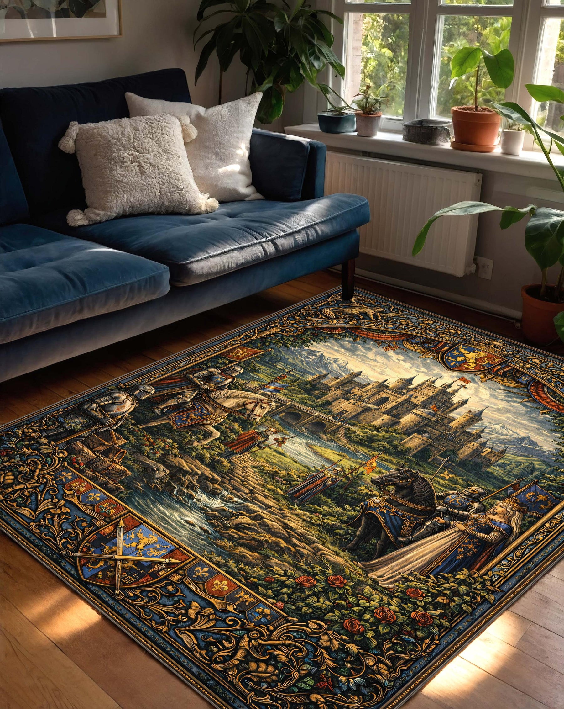 Medieval Castle Tapestry Area Rug, Fantasy Knight & Royal Scene Floor Carpet, Gothic Living Room Decor, Cottagecore Gift, Castclecore Gift