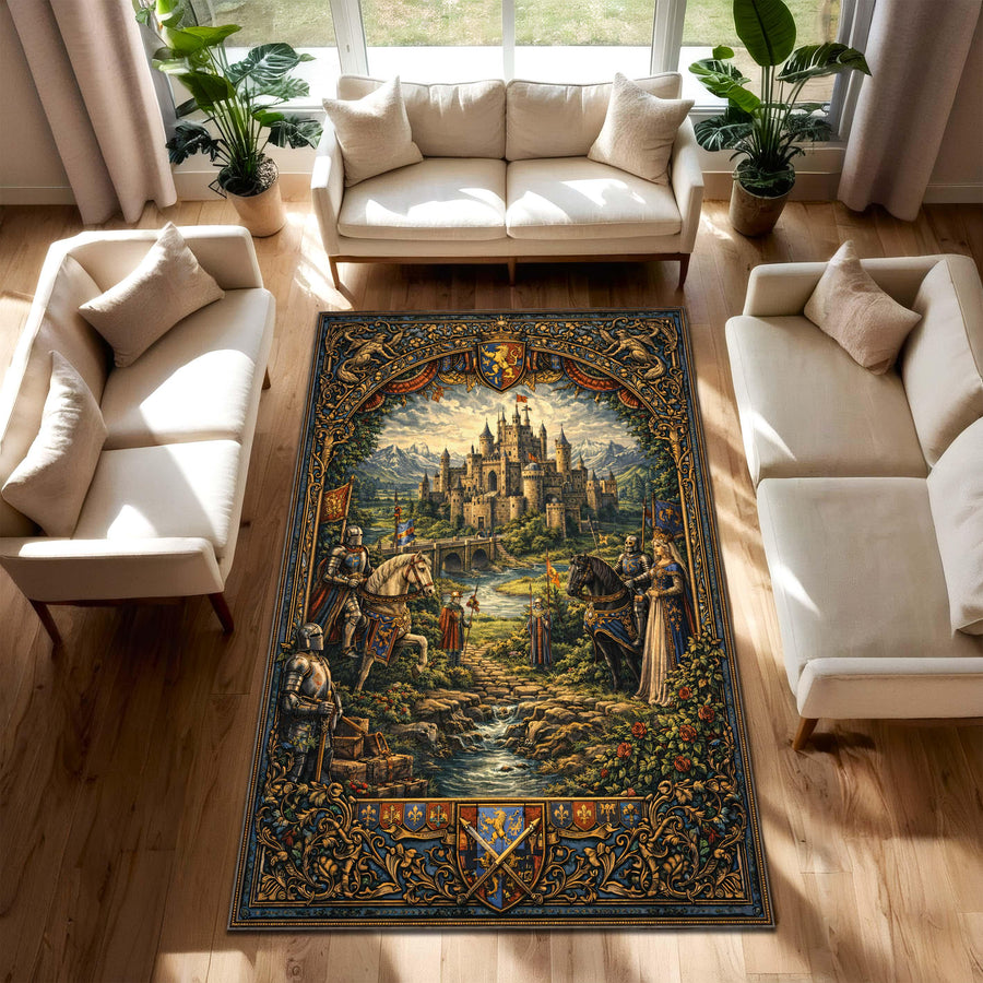 Medieval Castle Tapestry Area Rug, Fantasy Knight & Royal Scene Floor Carpet, Gothic Living Room Decor, Cottagecore Gift, Castclecore Gift