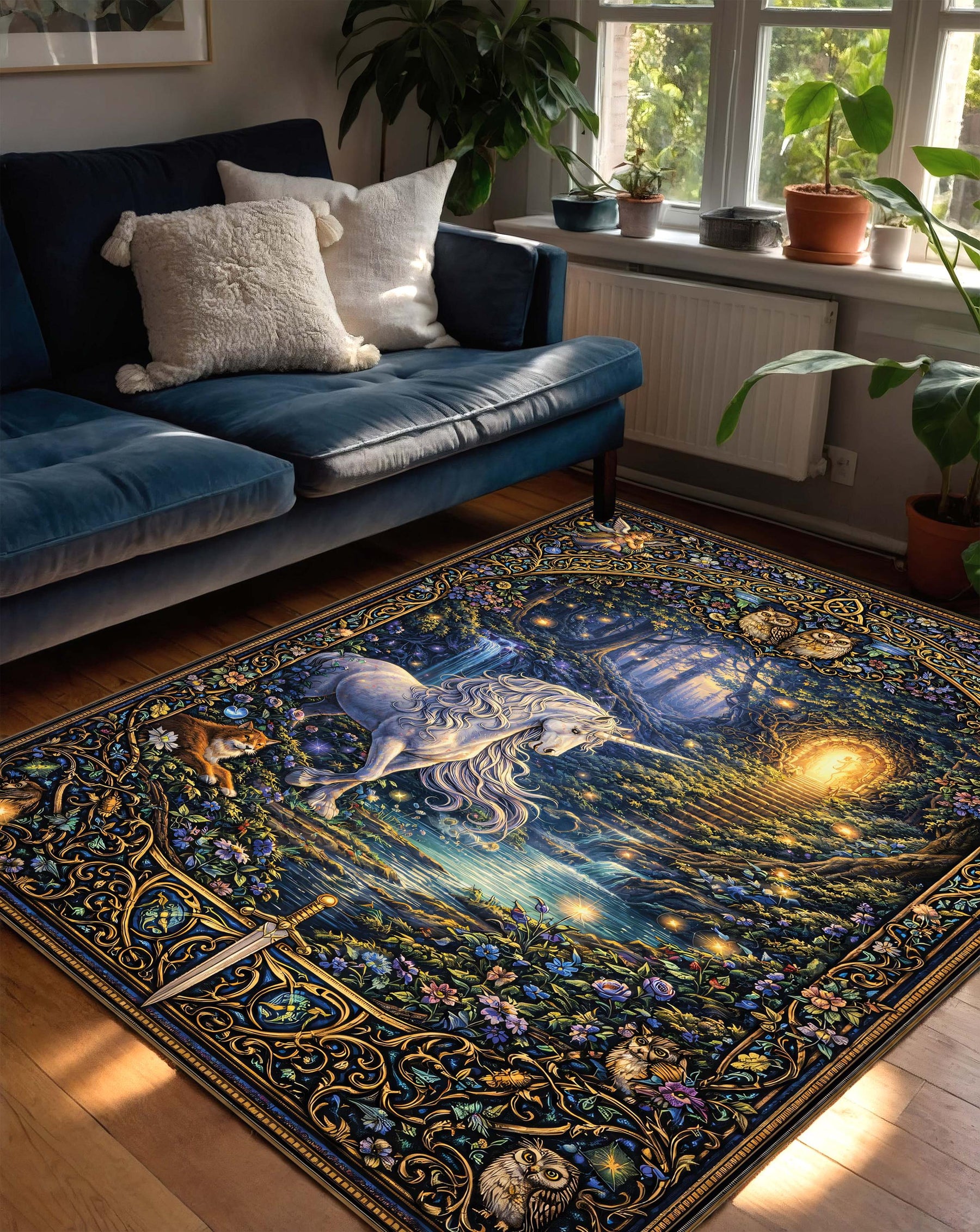 Enchanted Unicorn Forest Area Rug, Magical Fairy Woodland Tapestry Carpet, Mystic Night Garden Decor, Cottagecore Mystical Fairytale Rug