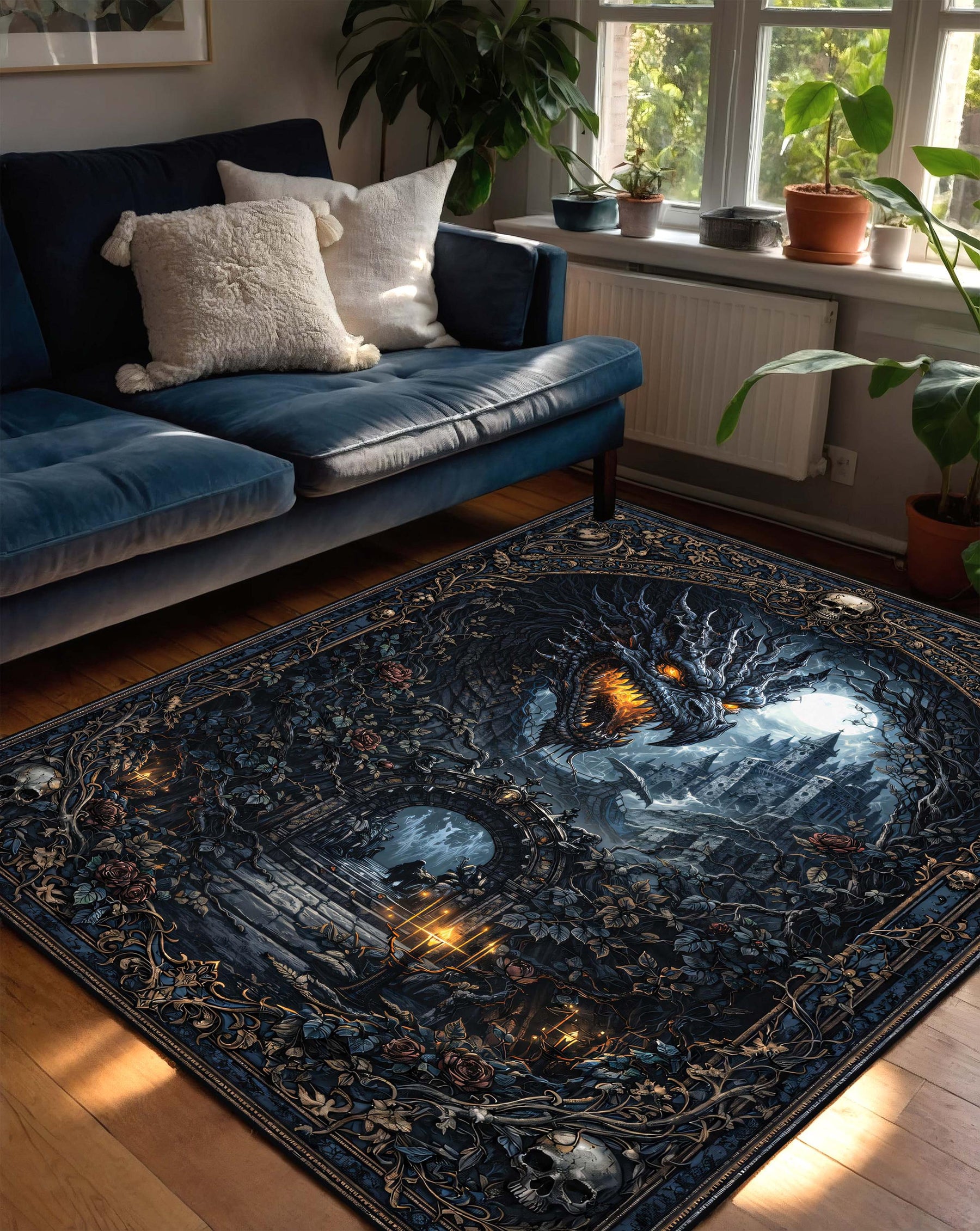 Gothic Dragon Castle Area Rug, Dark Fantasy Skull Tapestry Carpet, Haunted Moonlit Decor, Non Slip Floor Mat, Gamer Gift for Living Room